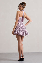 Pink & Black Polka Dot Halter-Neck Ruched Mini Dress With Ruffle Hem